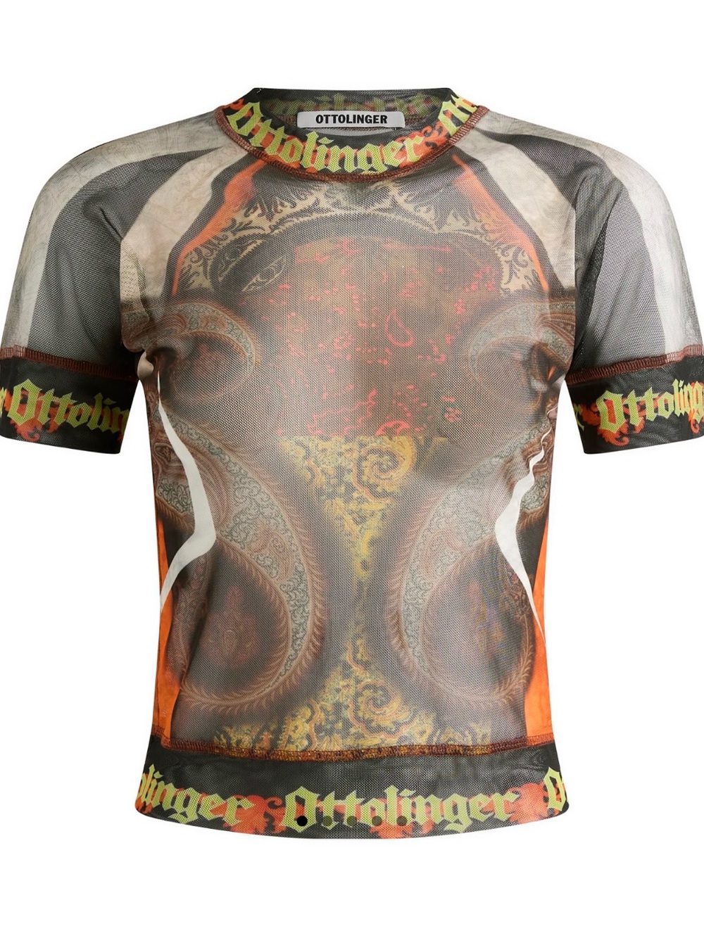 Ottolinger Women's Printed Mesh Short Sleeve Top in Brown & Orange. Paisley